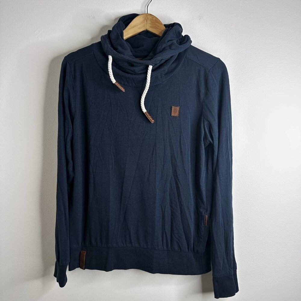 Naketano Pullover Sweatshirt Womens M Blue‎ Cowl Neck Drawstring Casual Hoodie